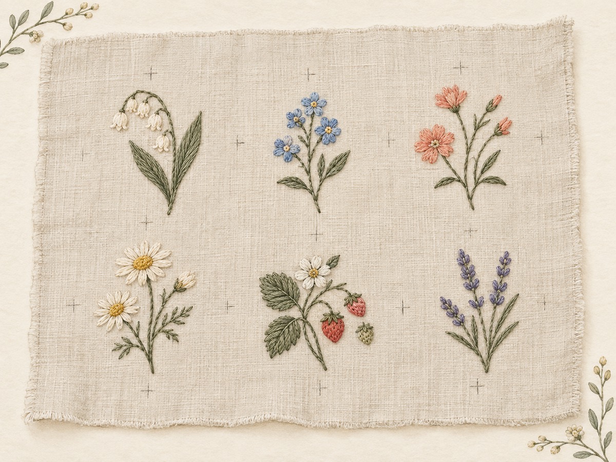 Illustration: Several small embroidered botanical motifs thoughtfully spaced across a linen panel, with fine temporary placement marks and generous margins.