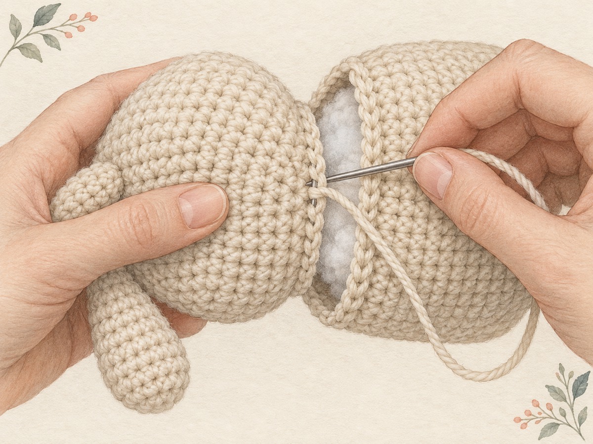 Illustration: Close view of two dense crochet parts being sewn together with a blunt yarn needle, their joining edges aligned and filling kept inside.