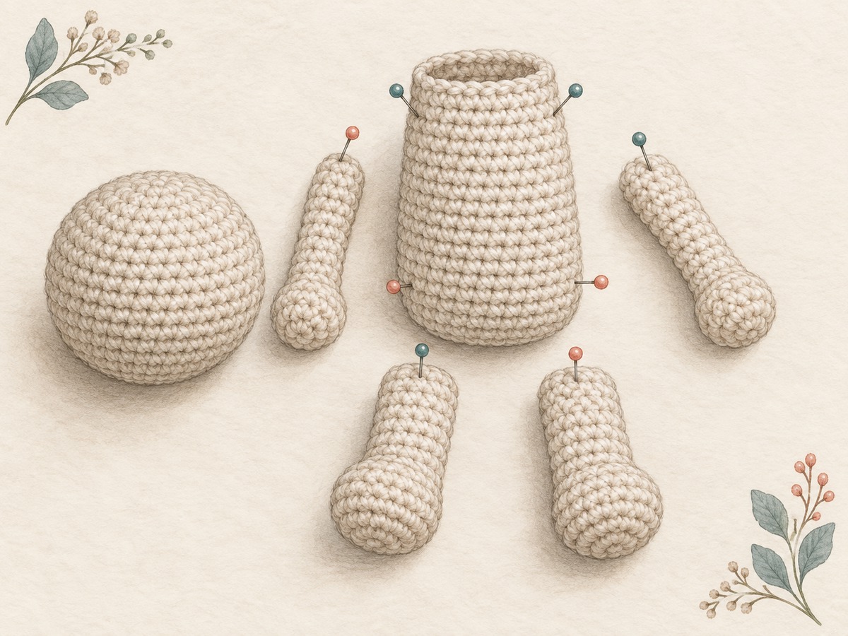 Illustration: Separate dense crocheted sphere, cylinder and small limbs laid out for assembly into a simple stuffed figure, with removable placement pins.