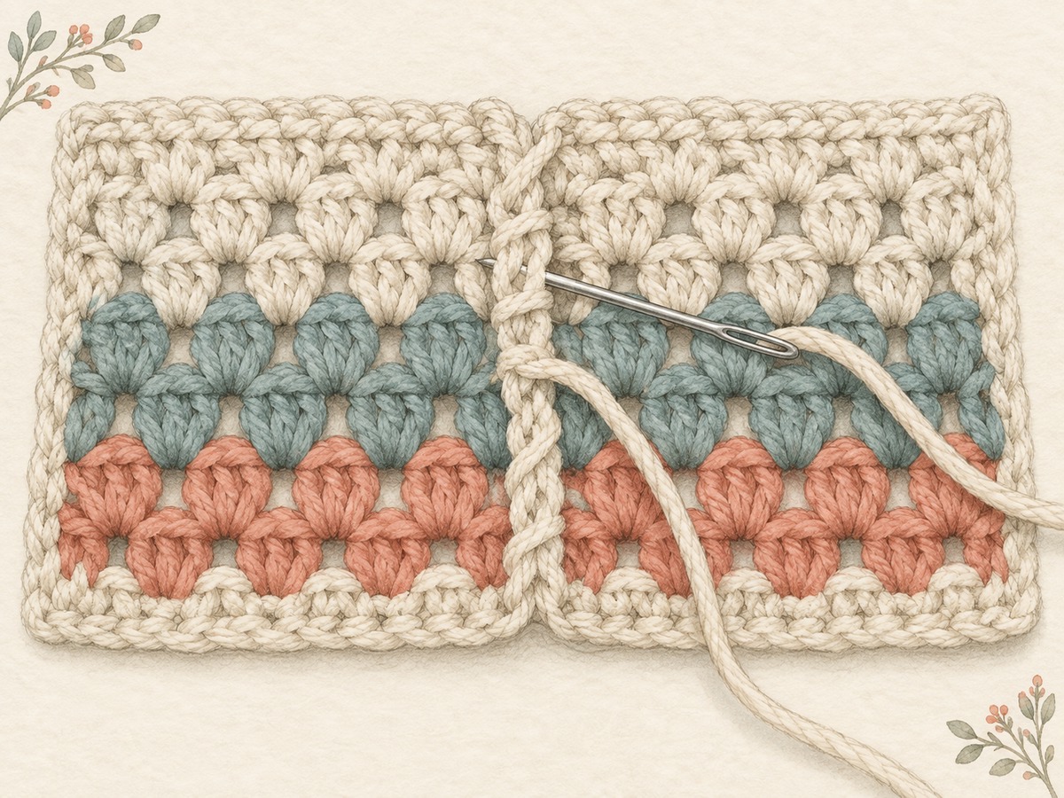 Illustration: A joined crochet piece laid flat with one remaining yarn end woven along the back of a seam using a blunt tapestry needle.