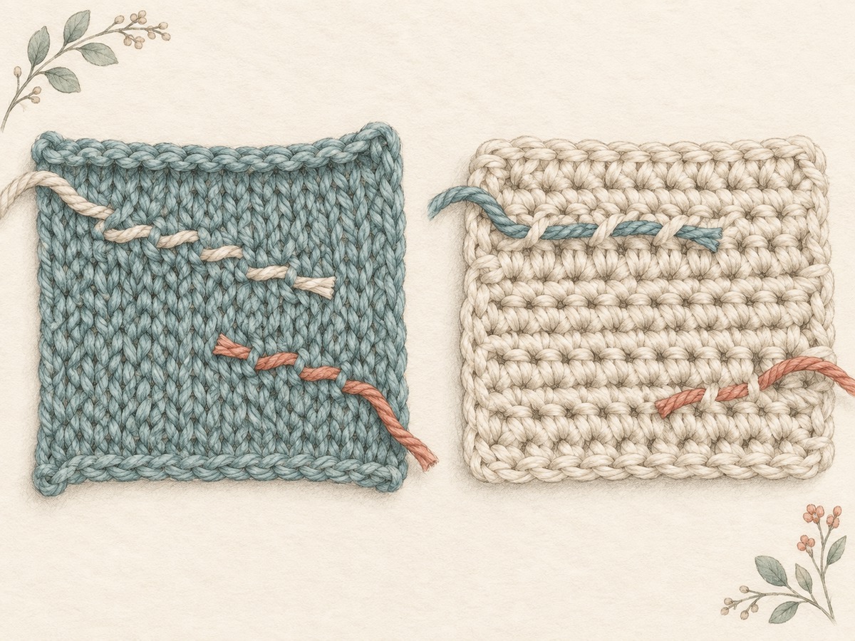 Illustration: Reverse sides of a knitted sample and a crocheted sample with yarn ends woven through several existing stitches and trimmed only after securing.