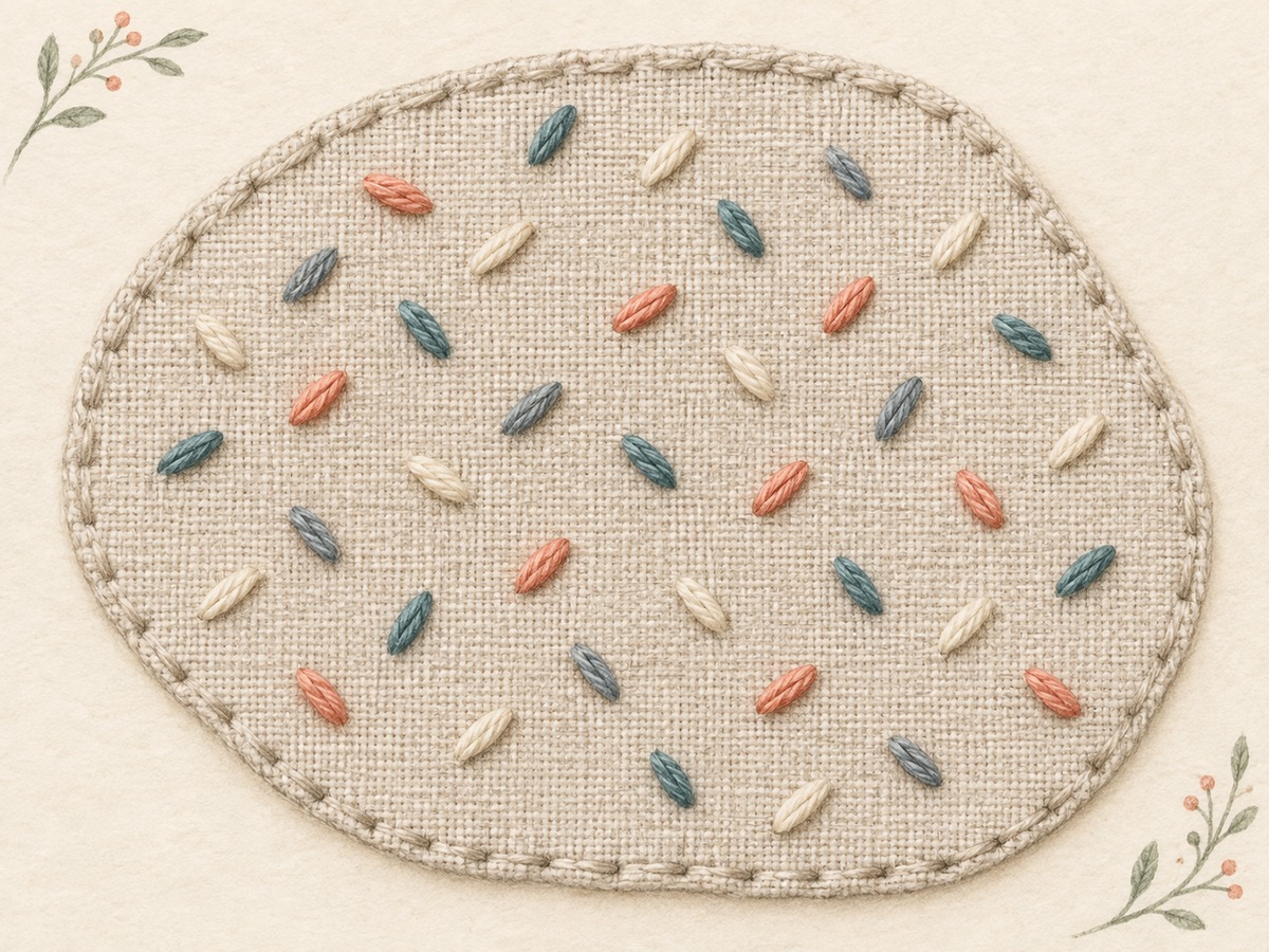 Illustration: Close view of isolated small seed stitches pointing in varied directions across a linen shape, keeping space between each stitch.