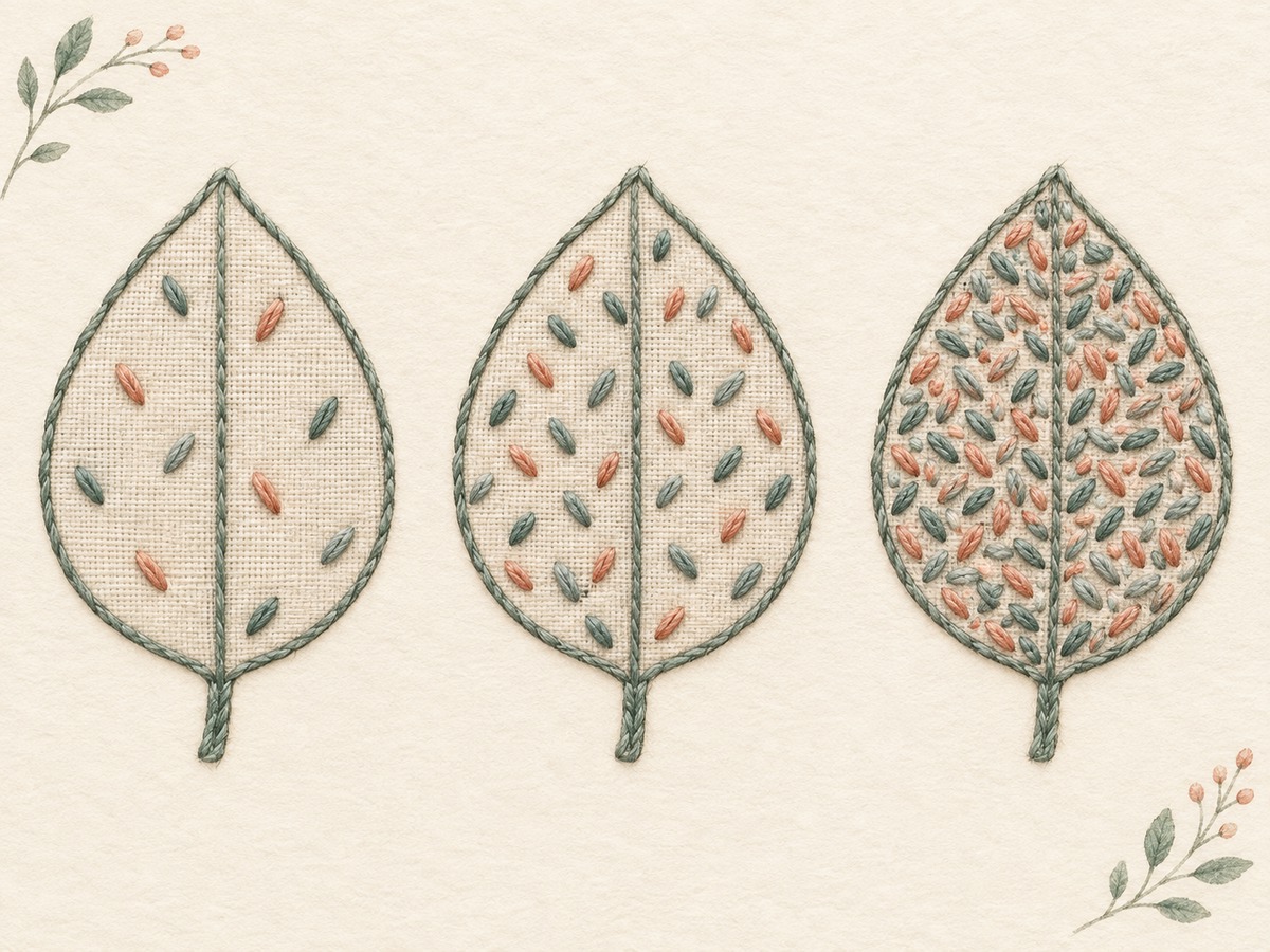 Illustration: Three small leaf silhouettes filled with scattered short seed stitches at sparse, medium and dense coverage.
