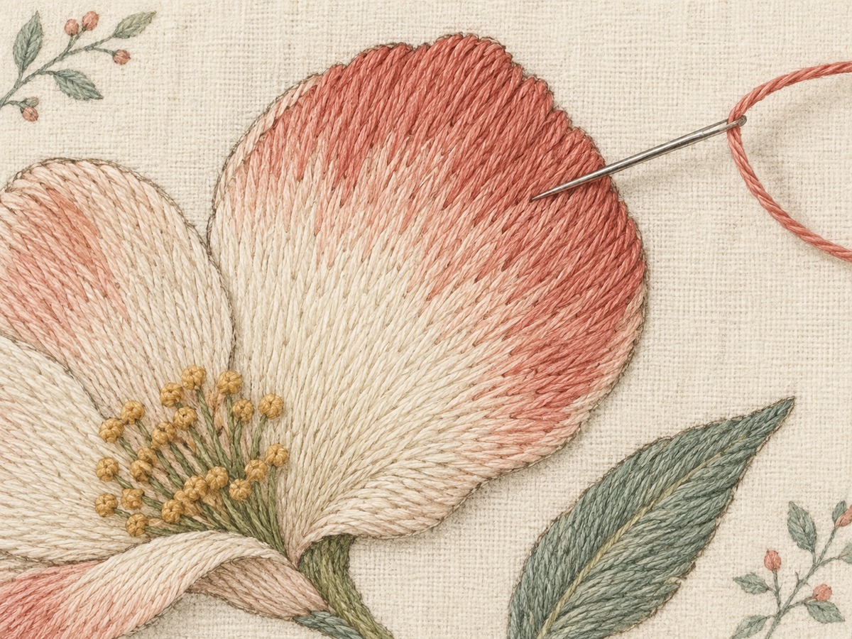 Illustration: Close view of staggered long-and-short stitches blending two adjacent tones within a botanical petal, with no hard striped boundary.