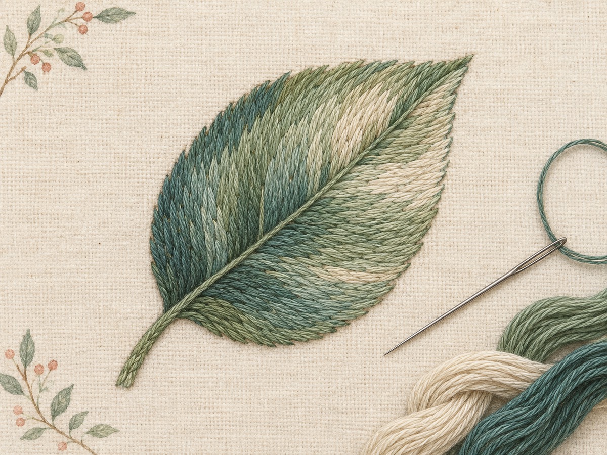 Illustration: A softly shaded embroidered leaf using interlocking long-and-short stitches in muted sage, teal and cream.