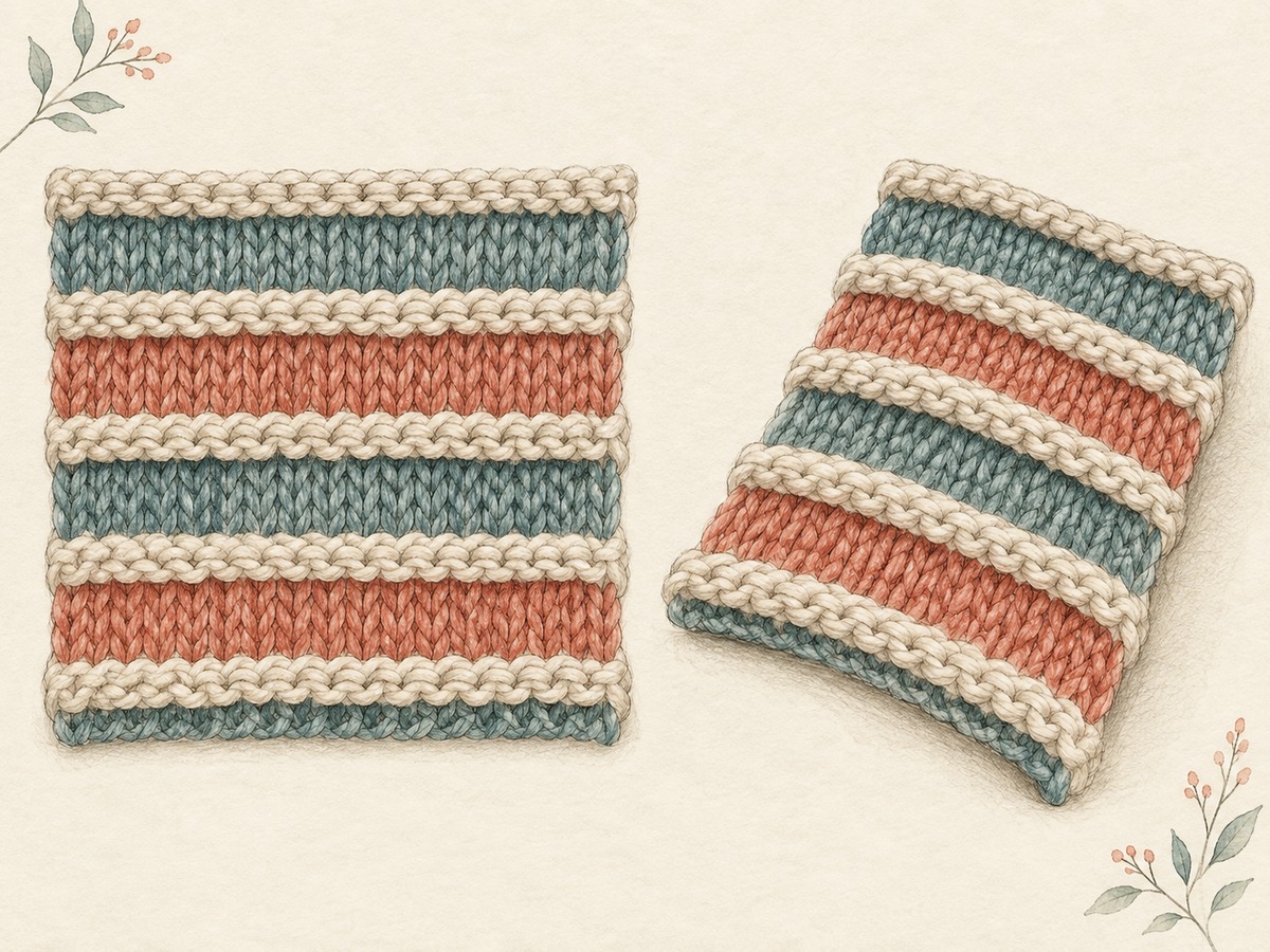 Illustration: Two views of the same striped ridged knit panel, one head-on and one oblique, showing changing visual emphasis from the raised ridges.