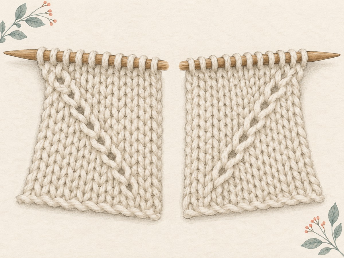 Illustration: Close views of a left-leaning and a right-leaning knitted increase line within a cream sample, with all neighboring loops coherent.