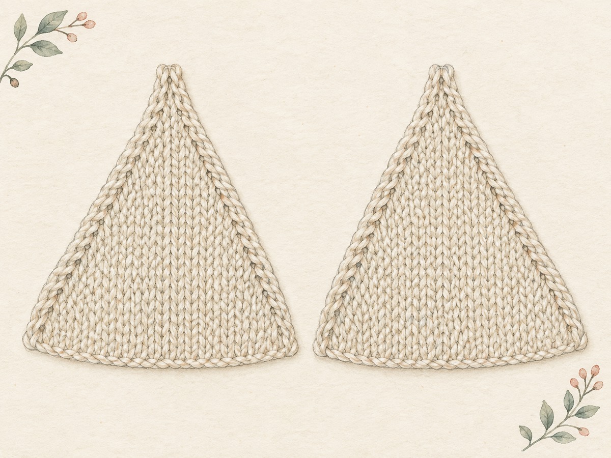 Illustration: Two small knitted panels shaped with evenly distributed directional increases, with the slanting lines clearly visible in the fabric.
