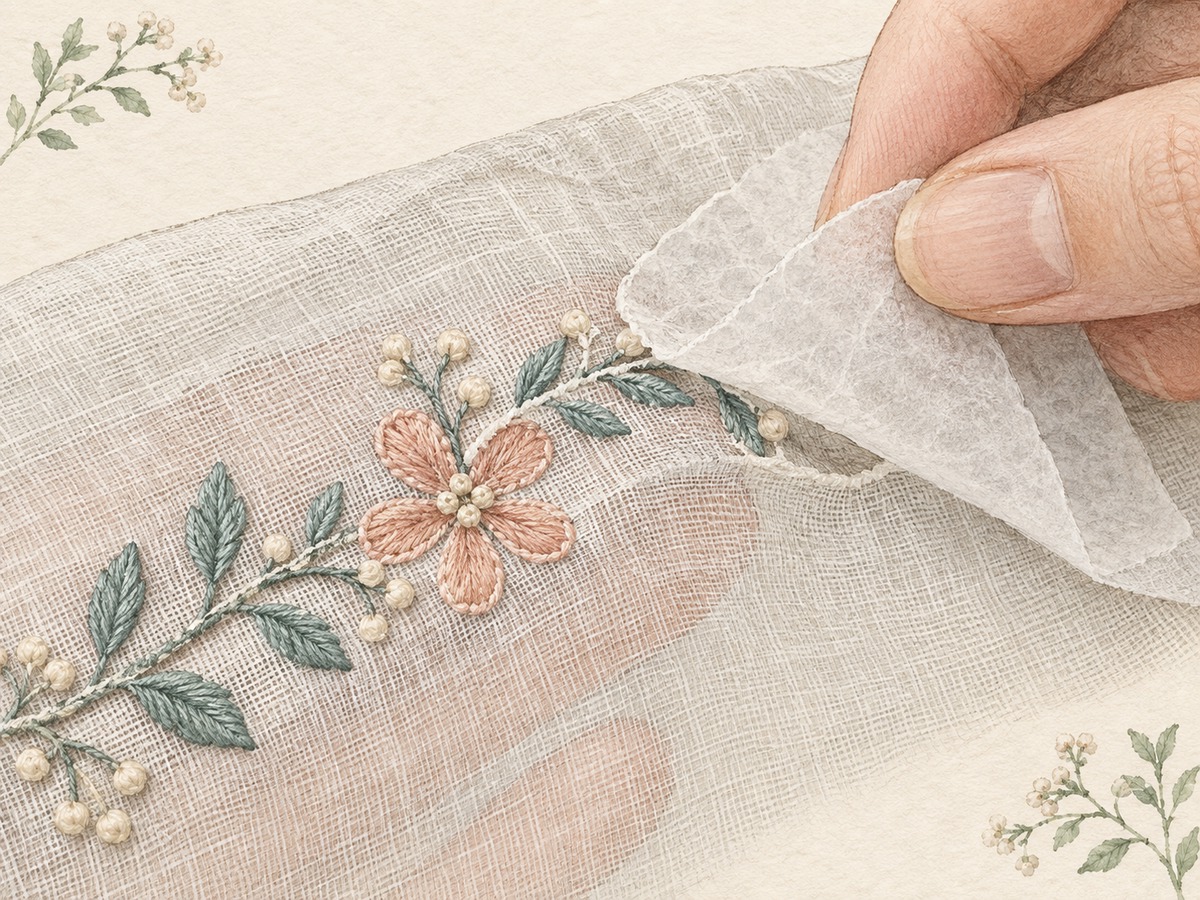 Illustration: Close view of light embroidery on sheer fabric, with short discreet thread paths and temporary support peeled away from a completed edge.