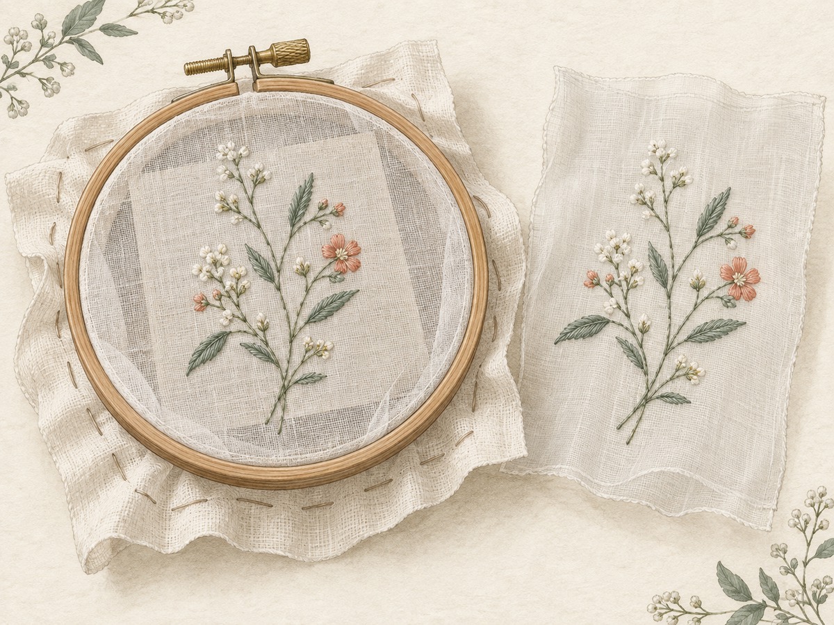 Illustration: A delicate embroidered botanical sprig on sheer fabric supported in a hoop with a temporary backing, beside a finished translucent sample.