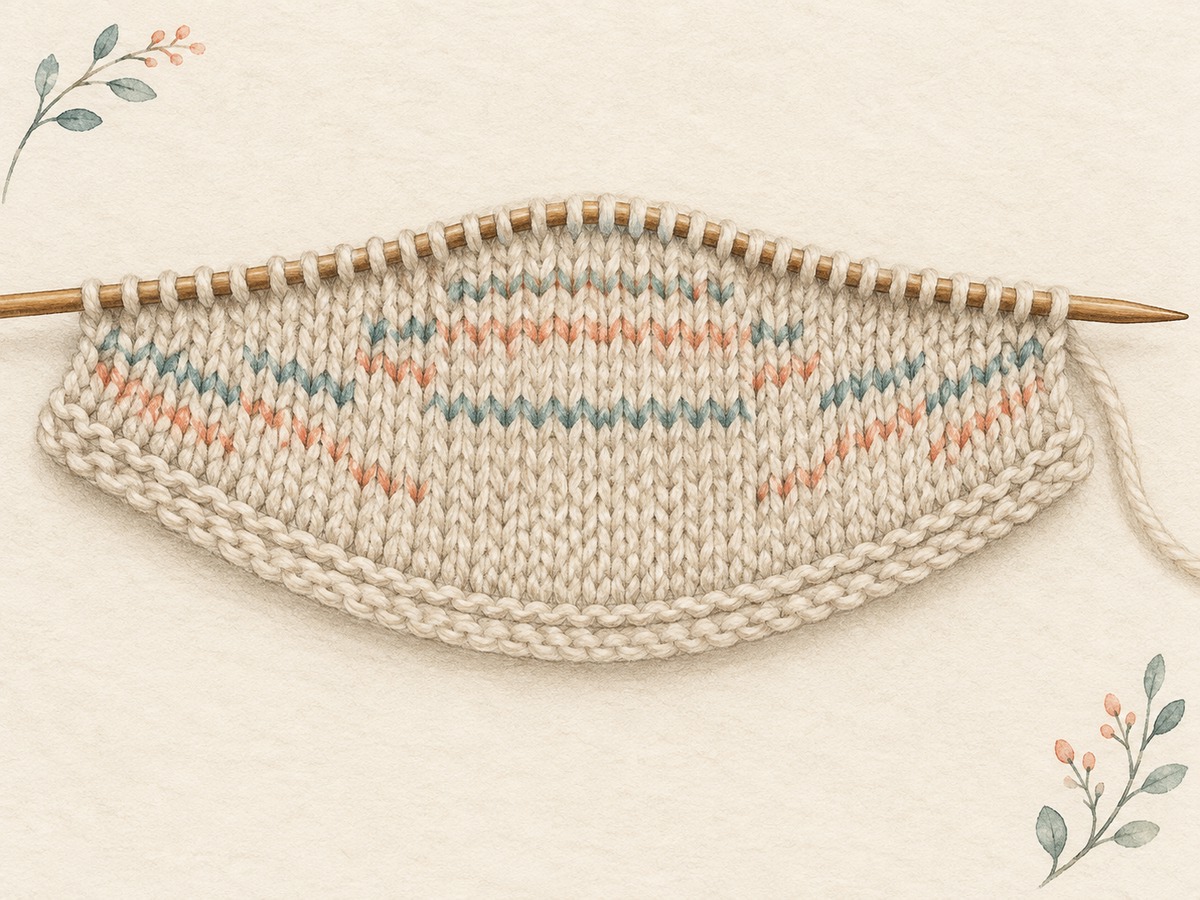 Illustration: Close view of a shallow curved knitted section whose extra partial rows create height in the middle, with secure live loops along the top.