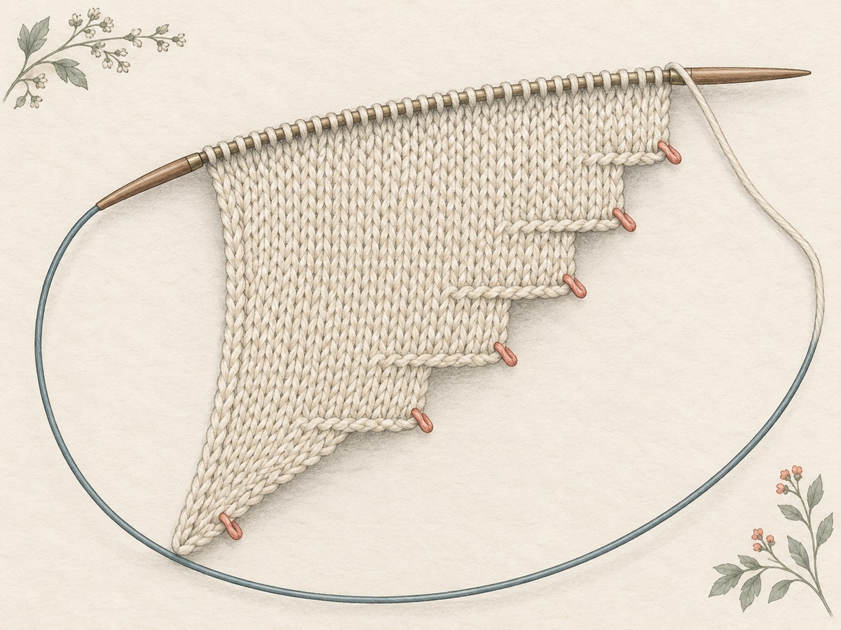 Illustration: A knitted wedge made from partial rows, with its stepped working edge resting on a circular needle and turning points marked subtly.
