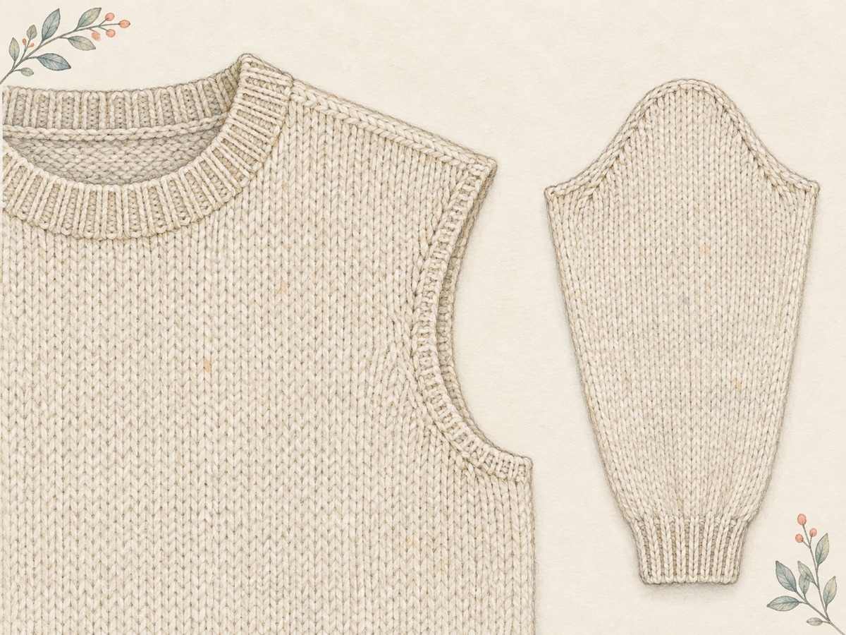 Illustration: A cream sweater neckline and shoulder area with a shaped armhole and matching sleeve cap laid beside it.