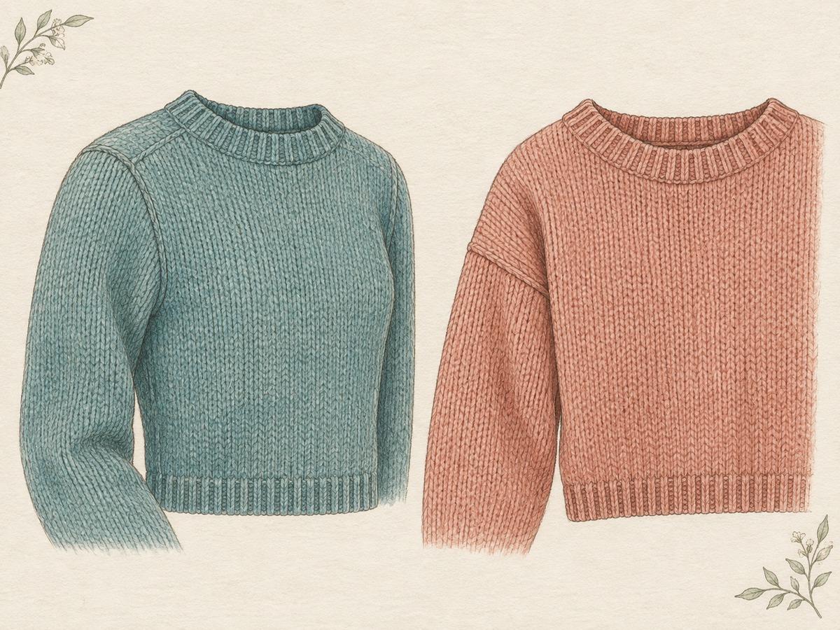 Illustration: Two knitted sweater upper sections side by side, one with set-in sleeves and one with dropped shoulders, showing distinct seam shapes.