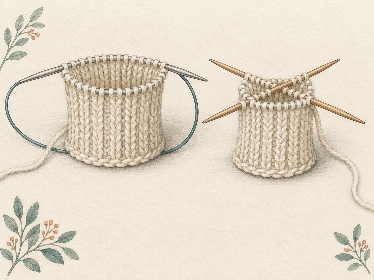 Illustration: A small knitted tube on short circular needles beside a similar tube on double-pointed needles; a clear continuous untwisted cast-on ring is visible.