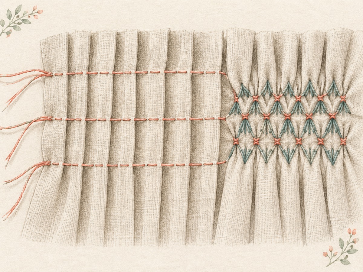 Illustration: Close view of prepared parallel fabric pleats with temporary gathering threads and a small completed stitched smocking band.