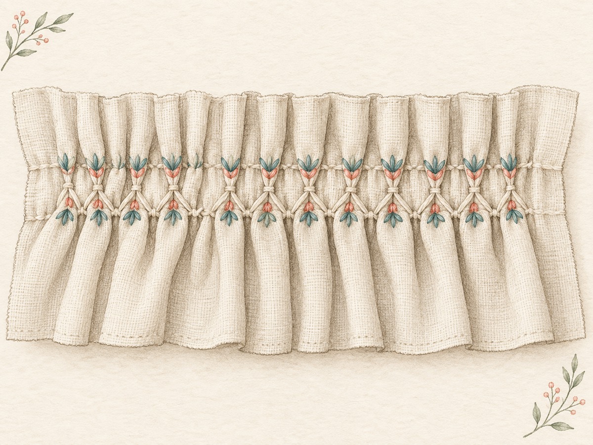 Illustration: A fabric strip gathered into even small pleats with decorative embroidery holding the pleats in a restrained repeating pattern.