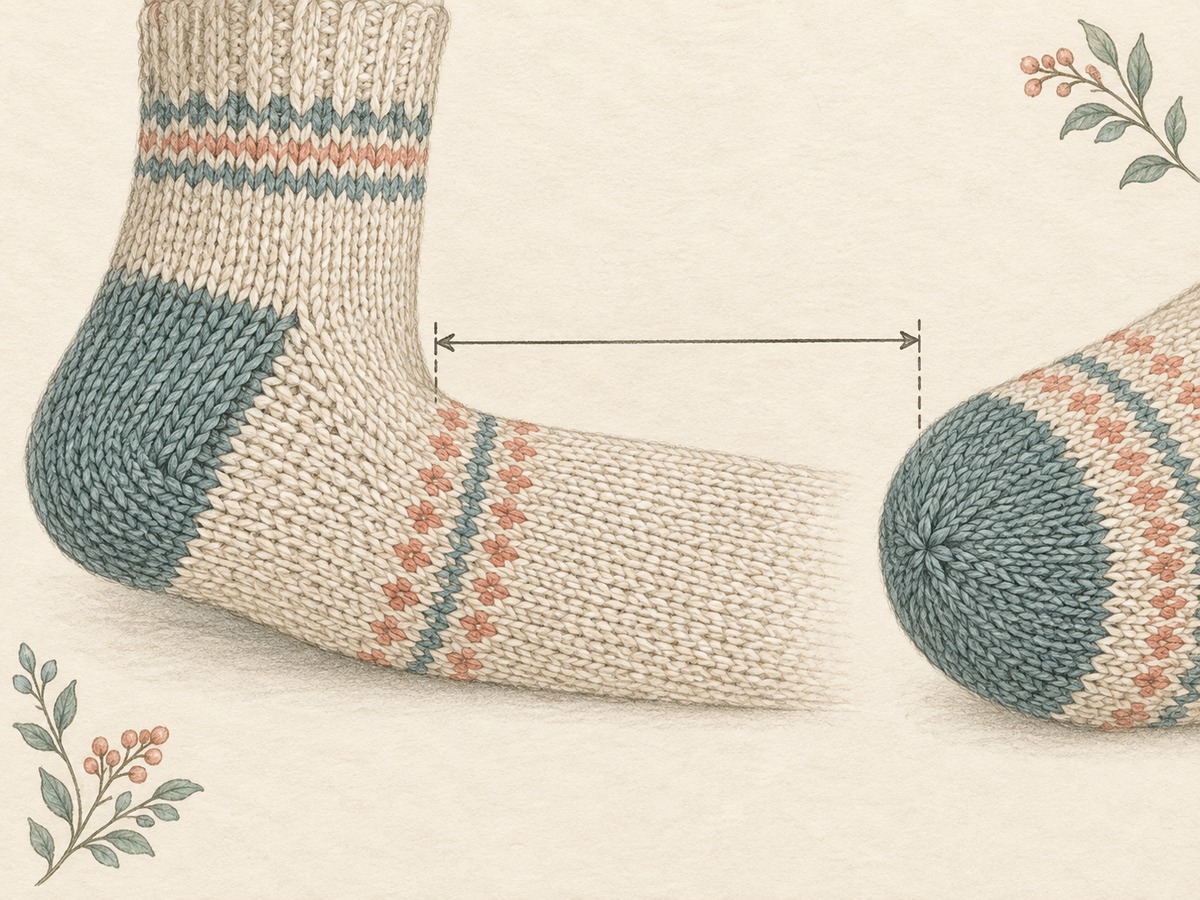 Illustration: Close views of a turned heel and a rounded toe, with a plain length-measurement guide along the foot between them.