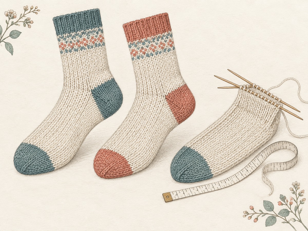 Illustration: Two socks shown side on with contrasting heel and toe construction areas, beside an unfinished sock foot measured with a tape.