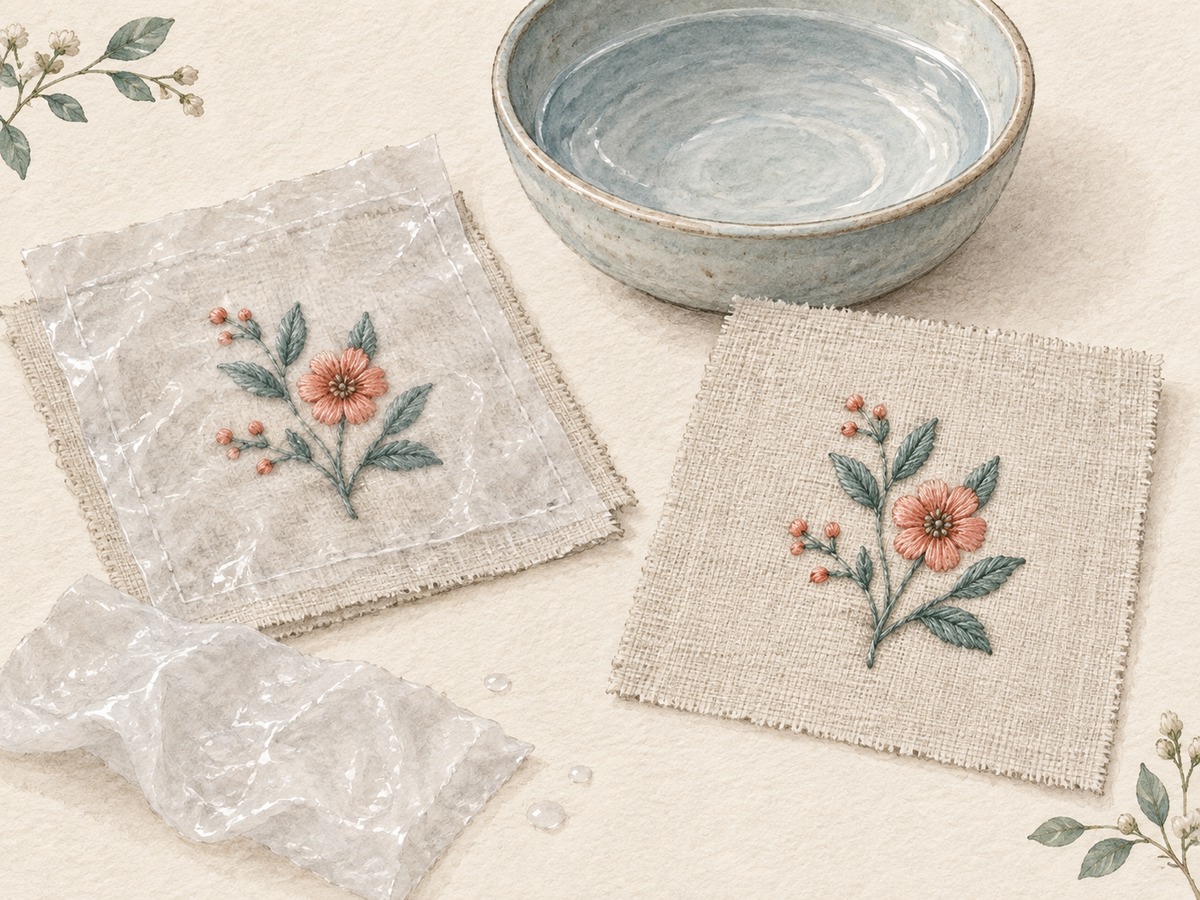 Illustration: A small embroidery test stitched through a translucent soluble support beside the rinsed and fully dried sample, with a shallow water dish.