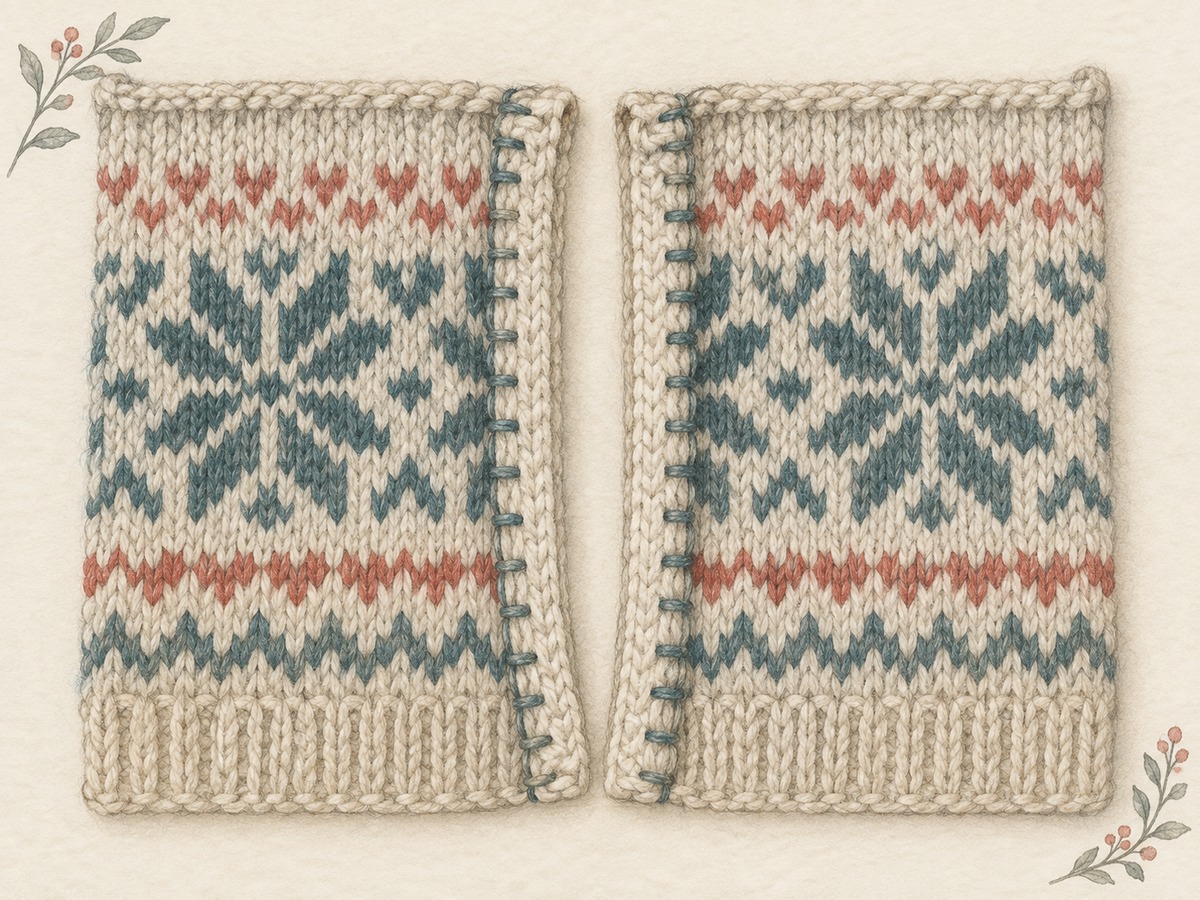 Illustration: A steek practice sample opened after cutting, with firmly secured edges folded inward and the surrounding knitted fabric intact.