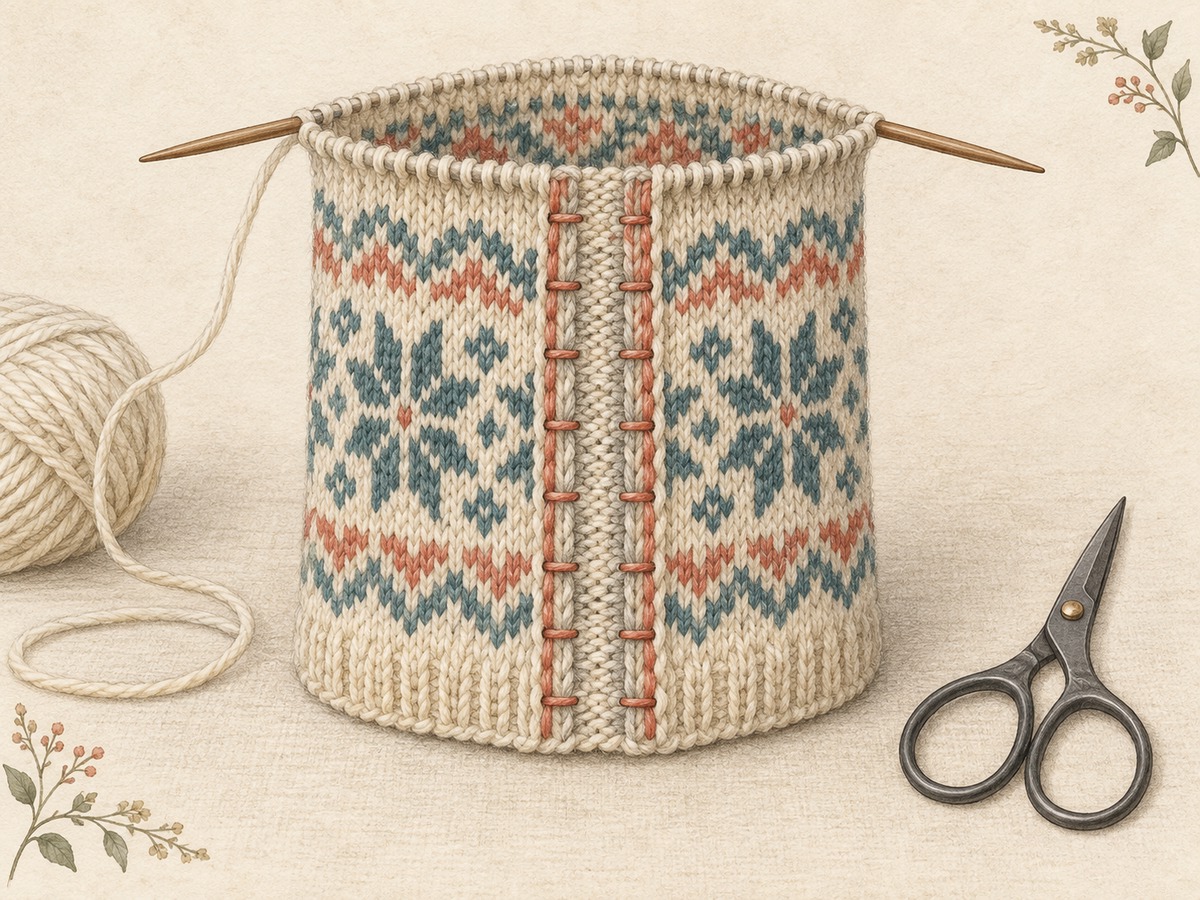 Illustration: A small knitted colorwork practice tube with a narrow central steek area secured on both sides before cutting, scissors set safely apart.