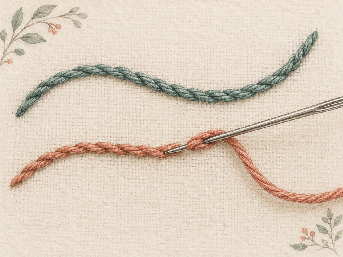 Illustration: Close view of a needle splitting an existing stitch to extend a fine outline, beside a separate twisted-looking stem-stitched curve.