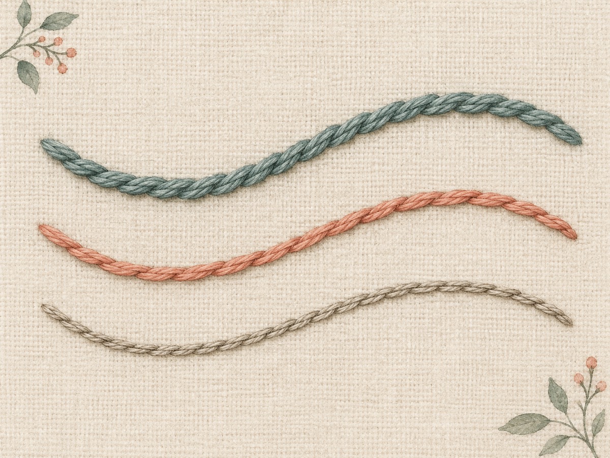Illustration: Three gently curved stitched lines on linen showing rope-like stem stitch, outline stitch and a fine split-stitch line.