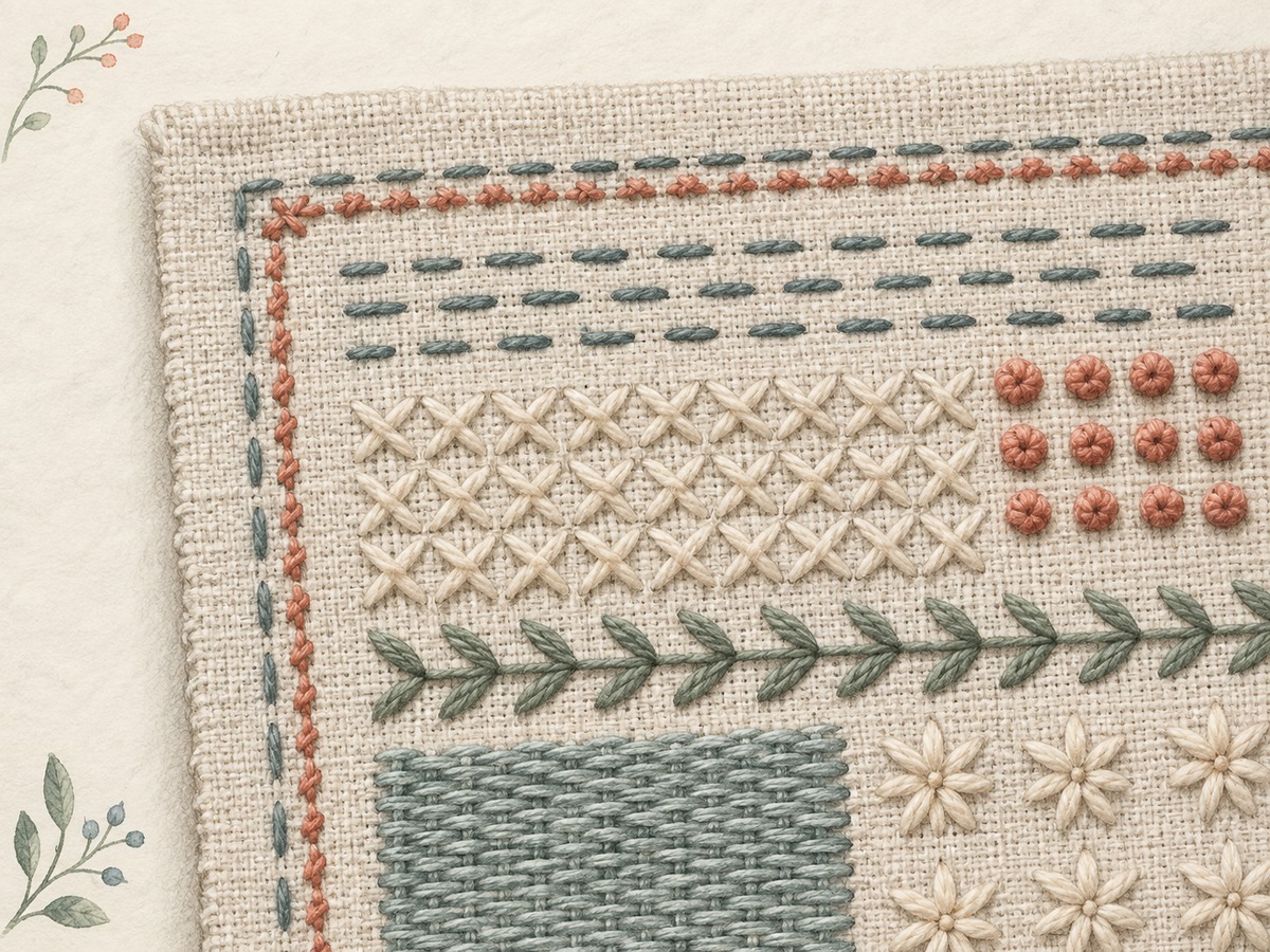 Illustration: Close view of a sampler corner with clearly different line, fill and raised-knot textures, the fabric grain straight and the stitches relaxed.