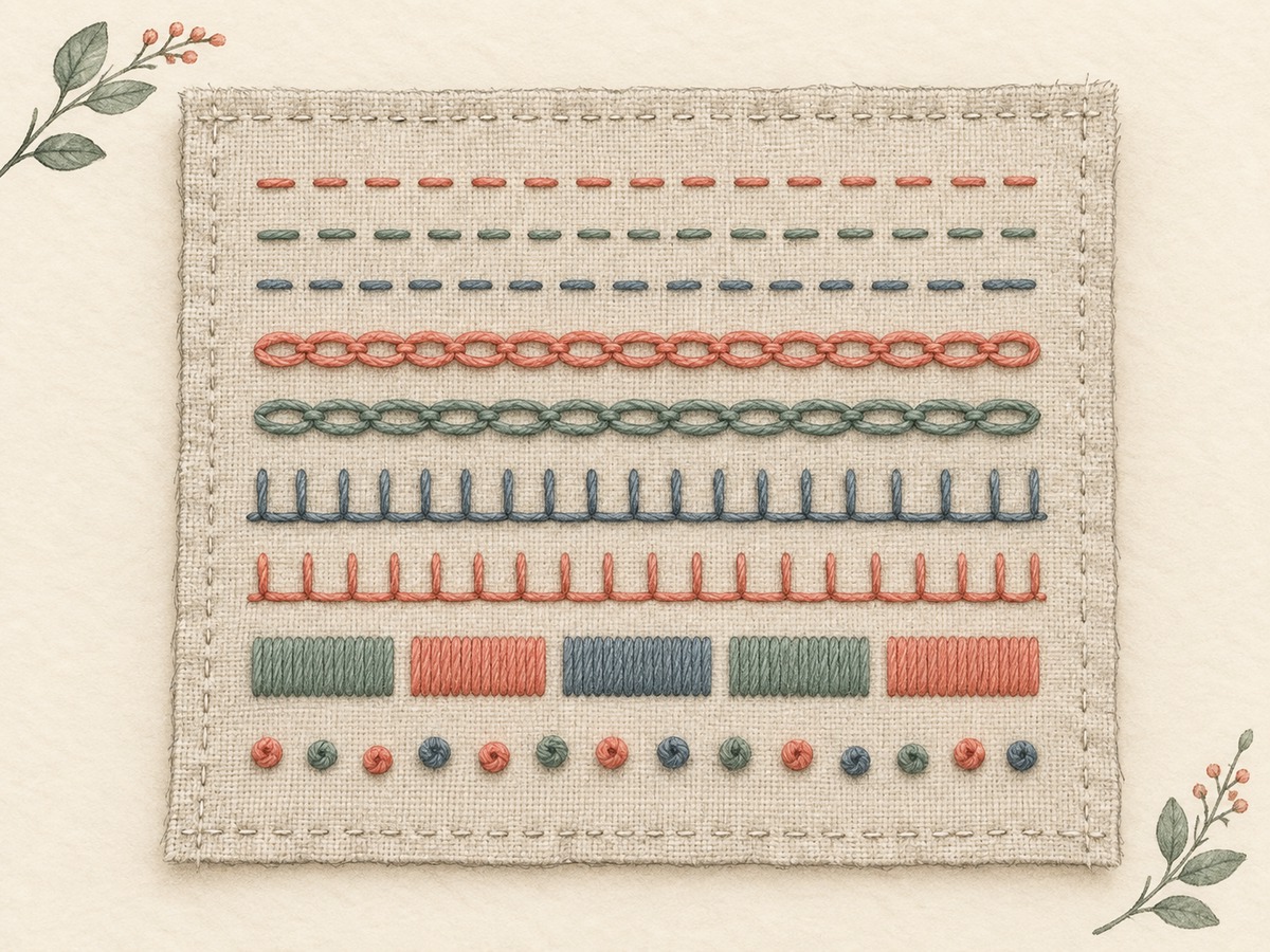 Illustration: A small linen embroidery sampler with neat rows of running, chain, blanket, satin and knot stitches in muted colors.