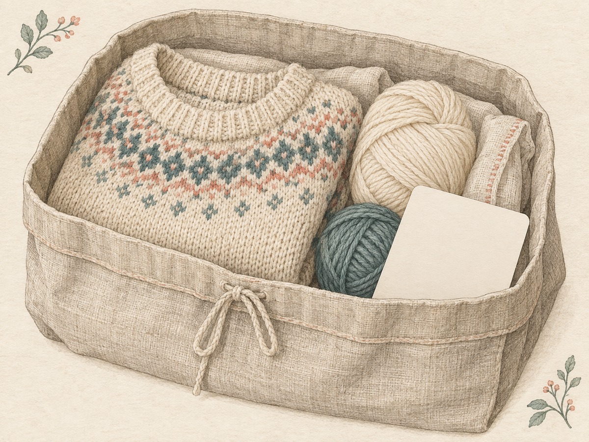 Illustration: A finished textile, spare yarn and a plain archival record card grouped inside a fabric storage bag.
