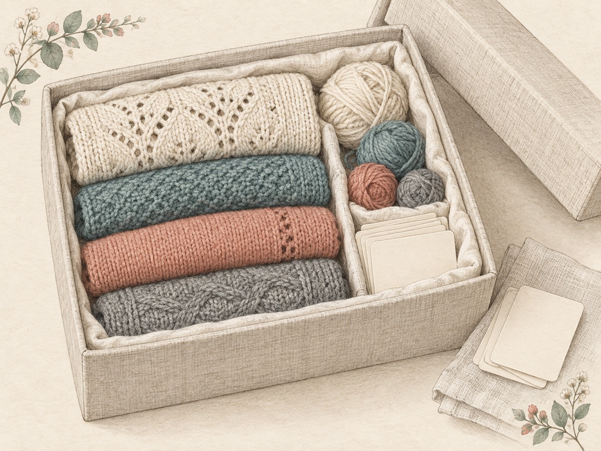 Illustration: Clean folded handmade textiles stored flat in a breathable cloth-lined box with matching yarn remnants and plain care-record cards.