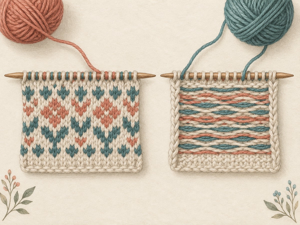 Illustration: Close view of two differently colored working yarns feeding a small stranded sample, with even floating strands on the reverse.