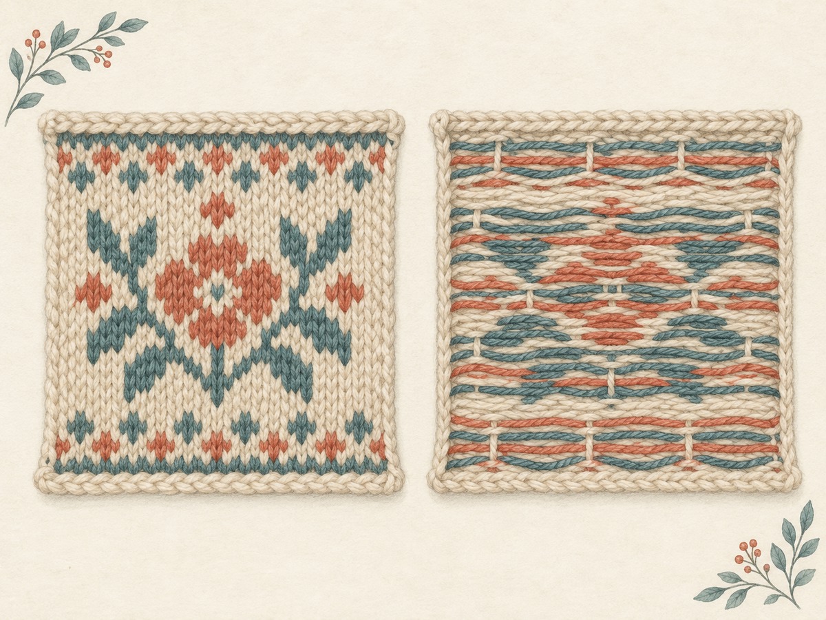 Illustration: Front and reverse views of a simple two-color knitted motif, the reverse showing relaxed floats carried across the back and occasionally secured.