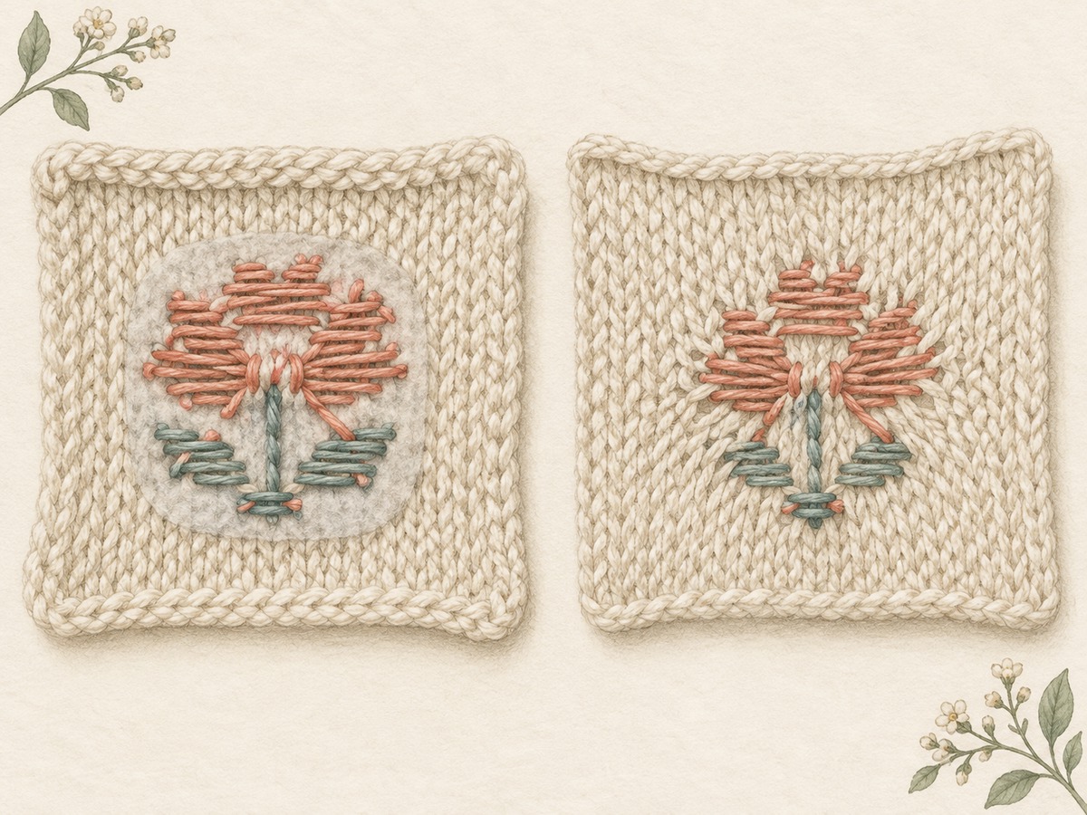 Illustration: Reverse view of a small embroidered knit sample with support confined to the motif area, beside an unsupported stretched sample for comparison.