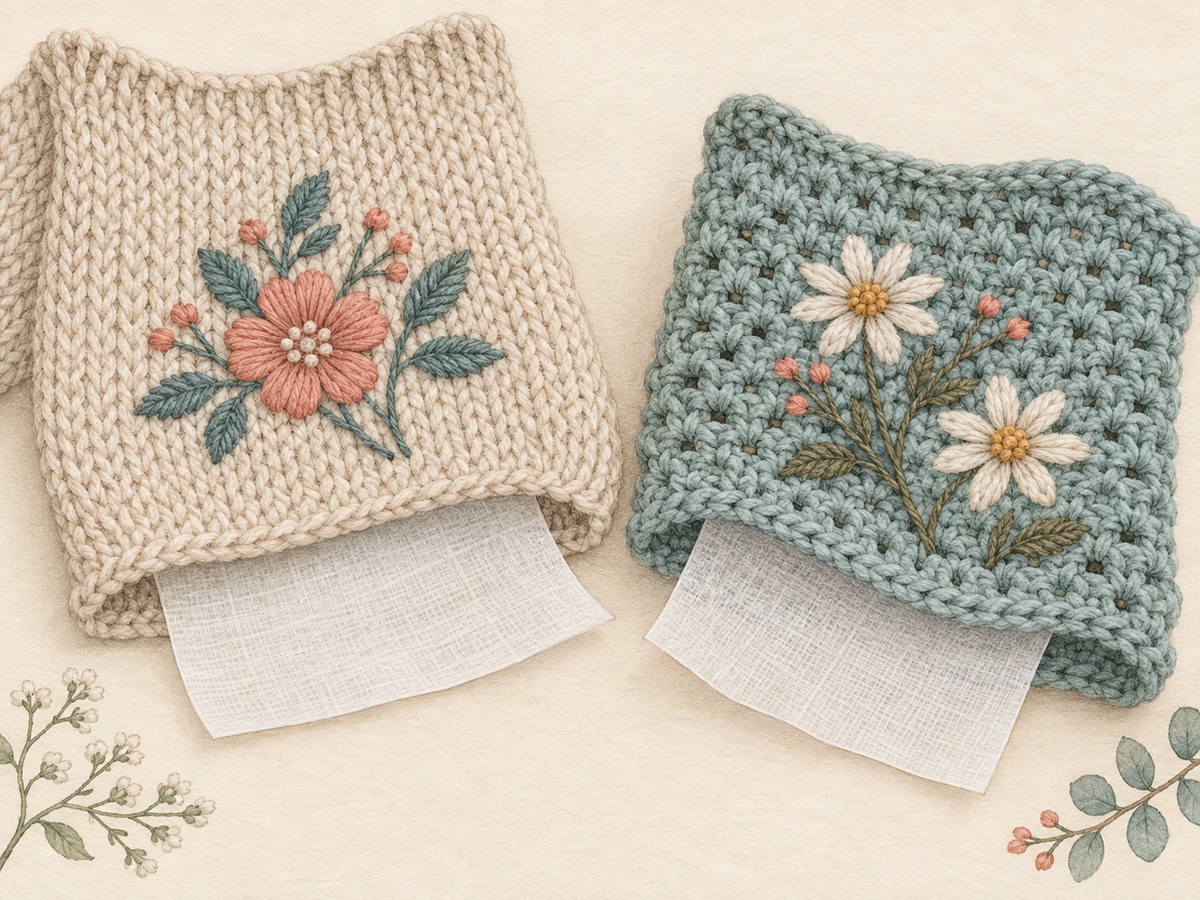 Illustration: Embroidery placed on knitted and crocheted fabric with removable support beneath each, maintaining the relaxed original fabric shape.