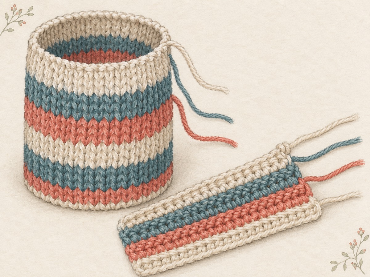 Illustration: A close view of a striped knitted tube and a flat crocheted strip, showing the join area and separate neatly managed color ends.