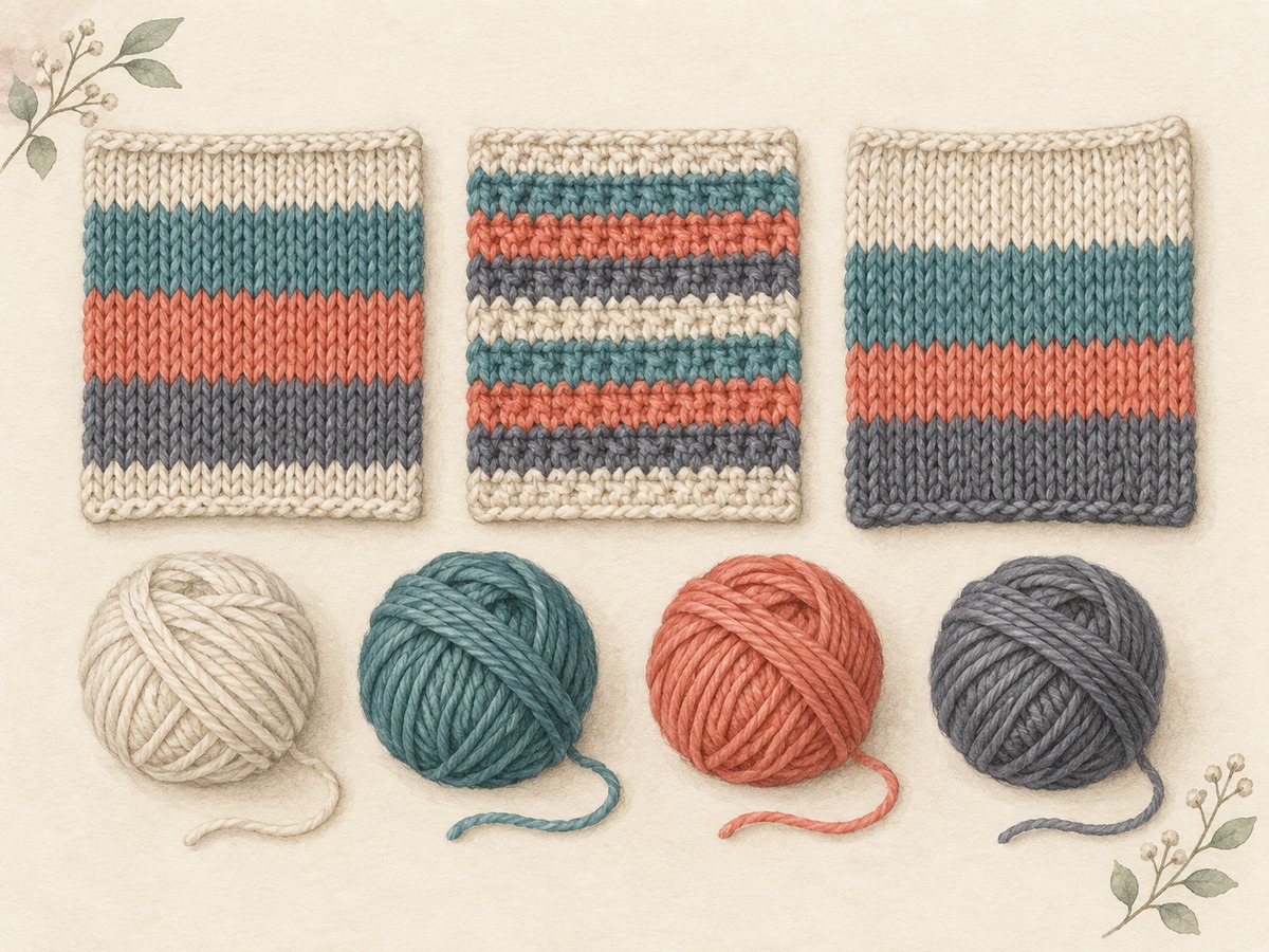 Illustration: Three small knitted and crocheted stripe swatches with deliberately different stripe widths, beside ordered cream, teal, coral and slate yarn wraps.