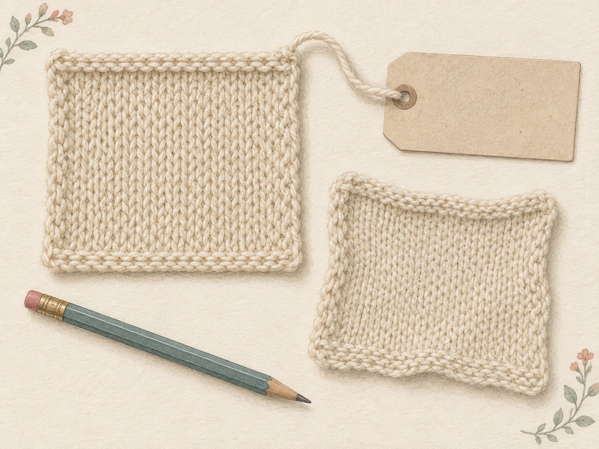 Illustration: A measured relaxed swatch with its yarn strand attached to a plain record card, alongside a matching washed sample and a pencil.