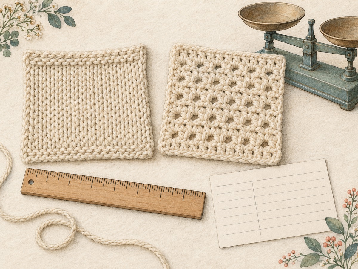 Illustration: A finished cream knitted swatch and a finished crocheted swatch laid flat with a ruler, balance scale and unlettered sample record card.