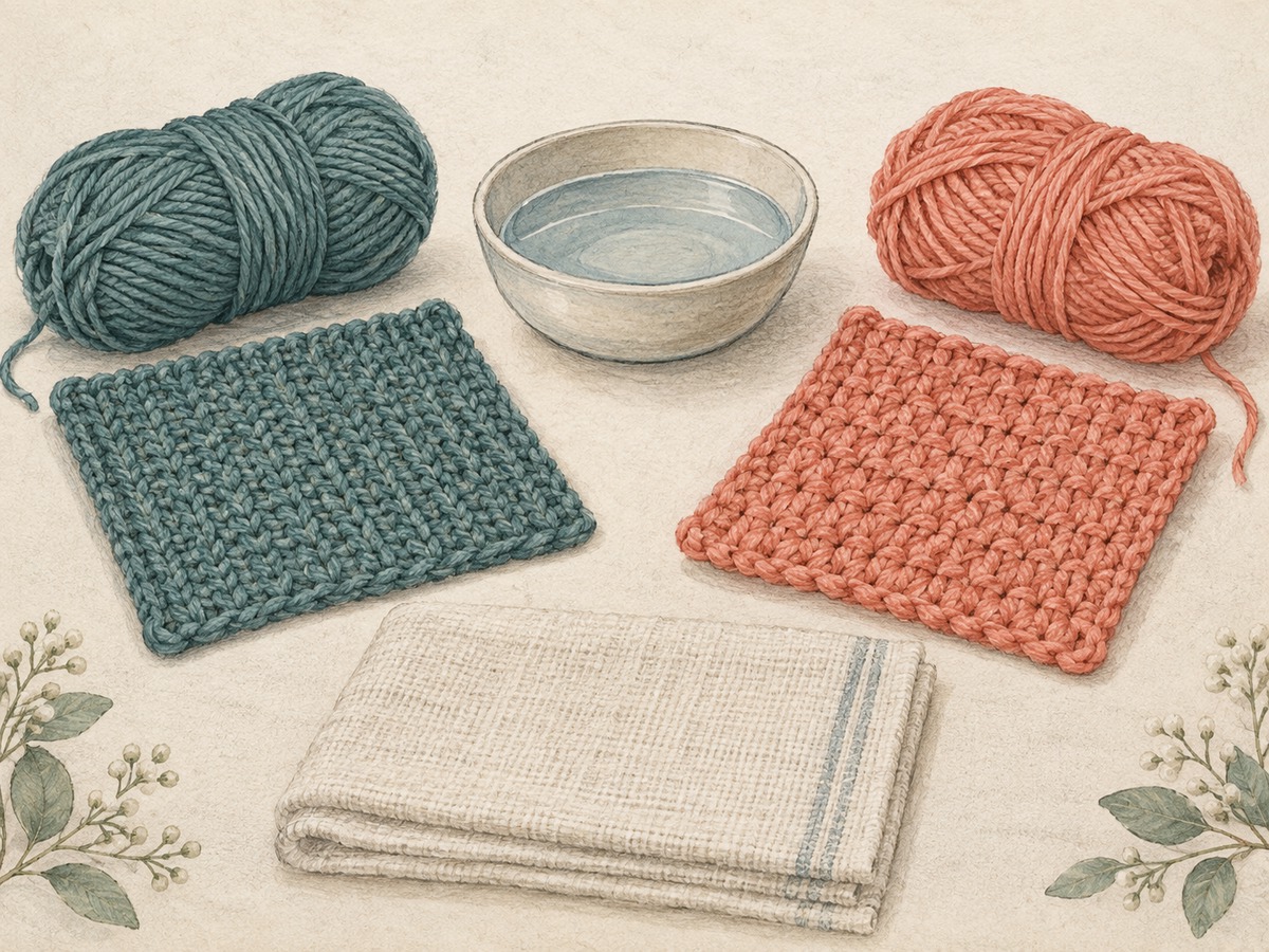 Illustration: Two material samples kept separately for a care trial, with individual yarn bundles, a small water dish and flat drying cloth.