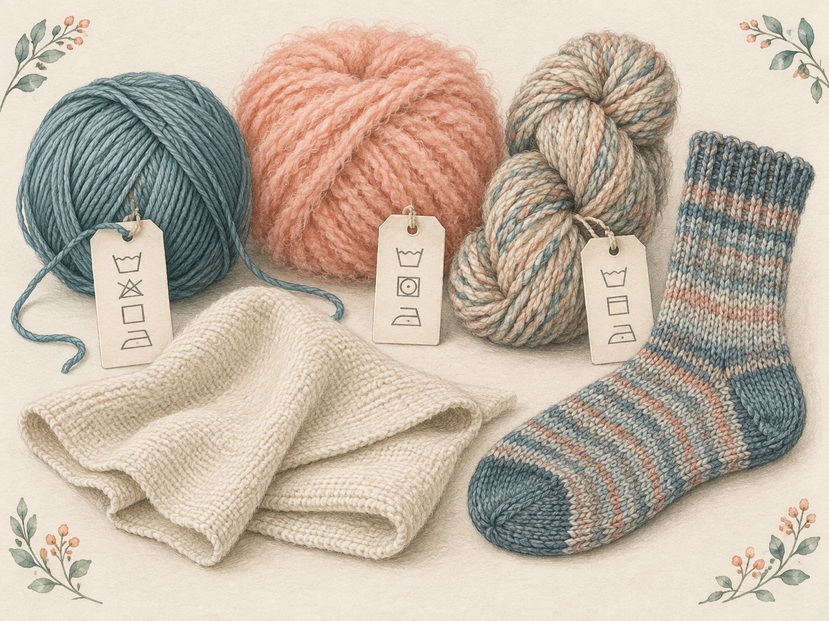 Illustration: Smooth synthetic yarn, a fluffy acrylic-like yarn and a flexible blended yarn beside a resilient sock sample, a soft cloth and their plain unlettered care tags.
