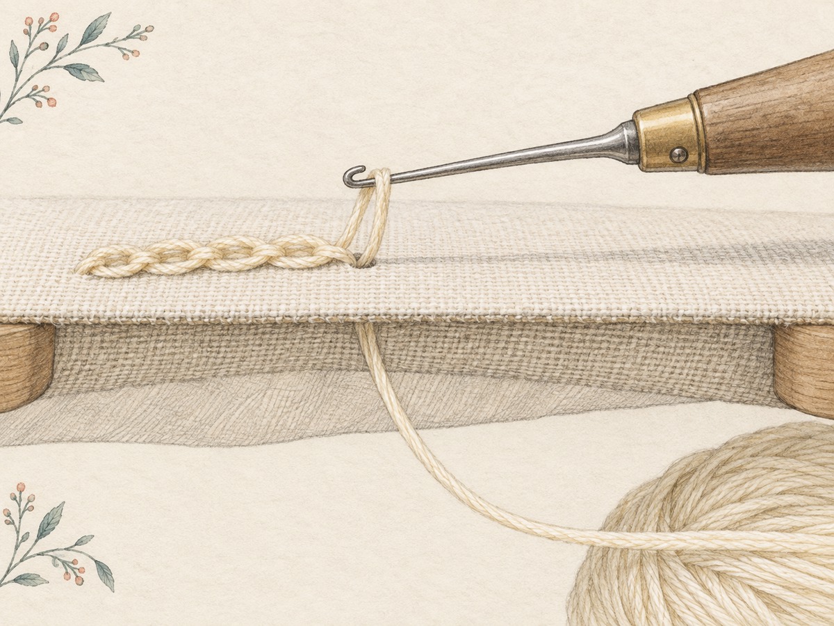 Illustration: Close side view of a fine tambour hook entering taut fabric, showing a small chain loop on top and the loose thread supply underneath.