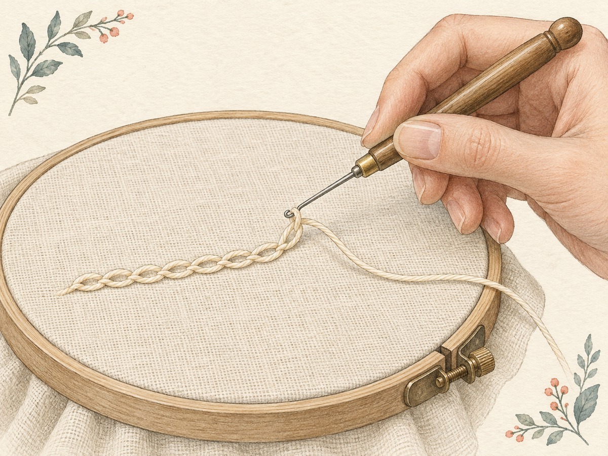 Illustration: A tambour embroidery hook held above taut fabric on a round frame, with a short chain-stitch line and its working thread below.