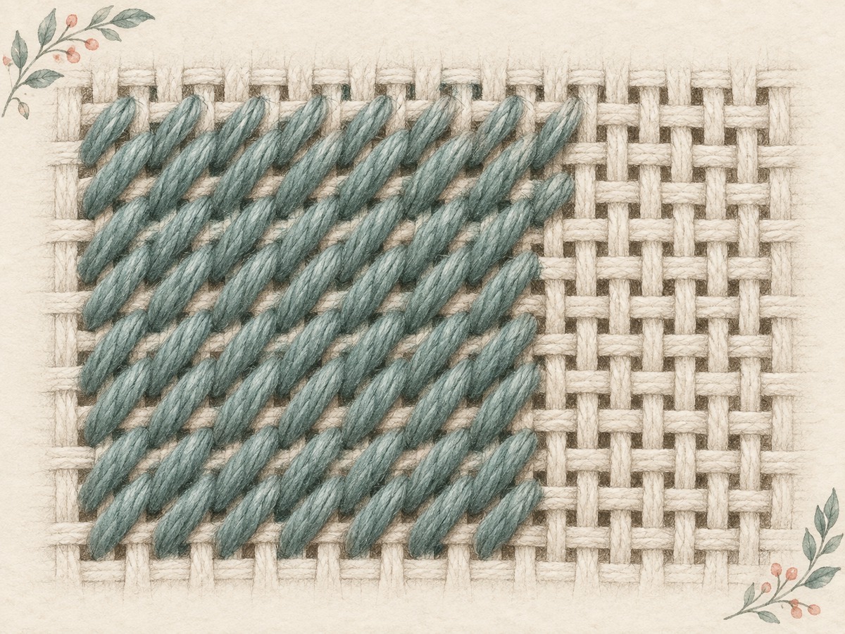 Illustration: Close view of diagonal tent stitches covering canvas intersections, with an adjacent unworked section revealing the square canvas holes.