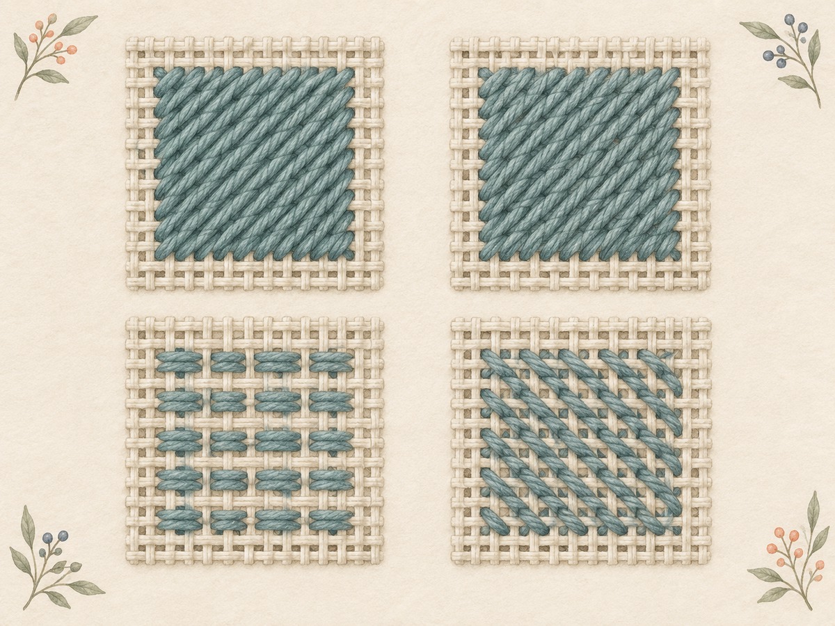 Illustration: Front and reverse views of two needlepoint tent-stitch samples on open canvas, showing the same diagonal face and different reverse coverage.