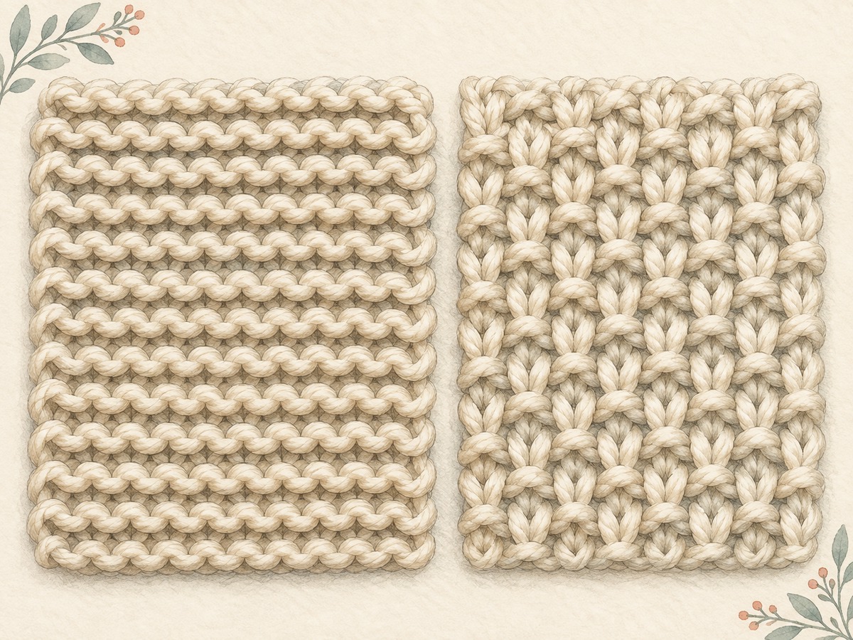 Illustration: Magnified adjacent views of horizontal garter ridges and alternating knit-purl texture, with clear stitch relief.
