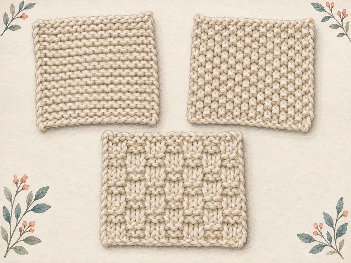 Illustration: Three cream knitted squares showing garter ridges, seed stitch and a larger moss-stitch checker texture.