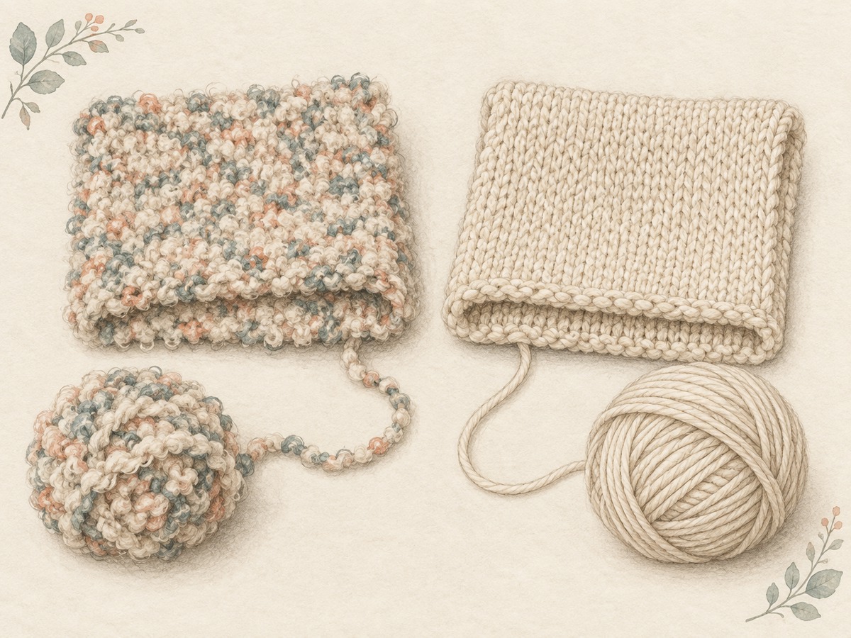 Illustration: Matching folded fabric samples in textured and smooth yarn, each beside its own yarn strand, showing that equal dimensions need not mean equal fabric behavior.