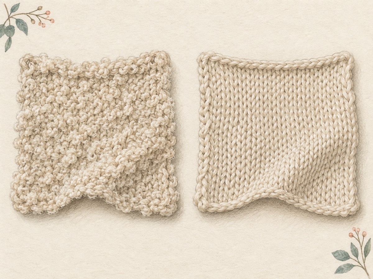 Illustration: Two small swatches made to the same dimensions, one in textured boucle yarn and one in smoother replacement yarn, with distinct surface and drape.